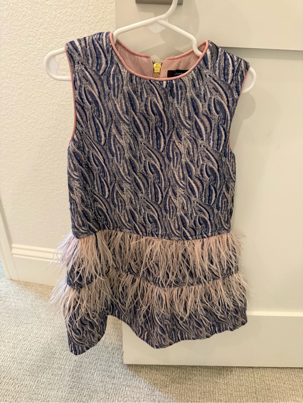 Imoga Navy and Blush Pink Feather-Trim Dress